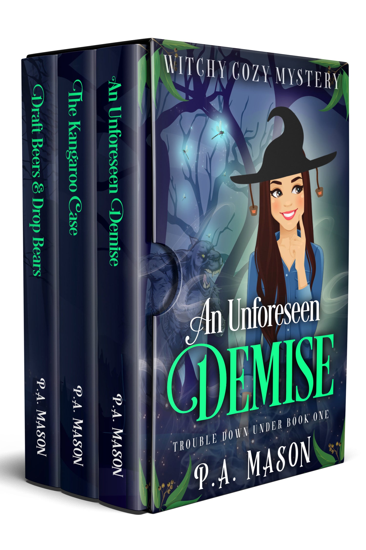 Book set titled 'An Unforeseen Demise' by P.A. Mason with a witch-themed cover.